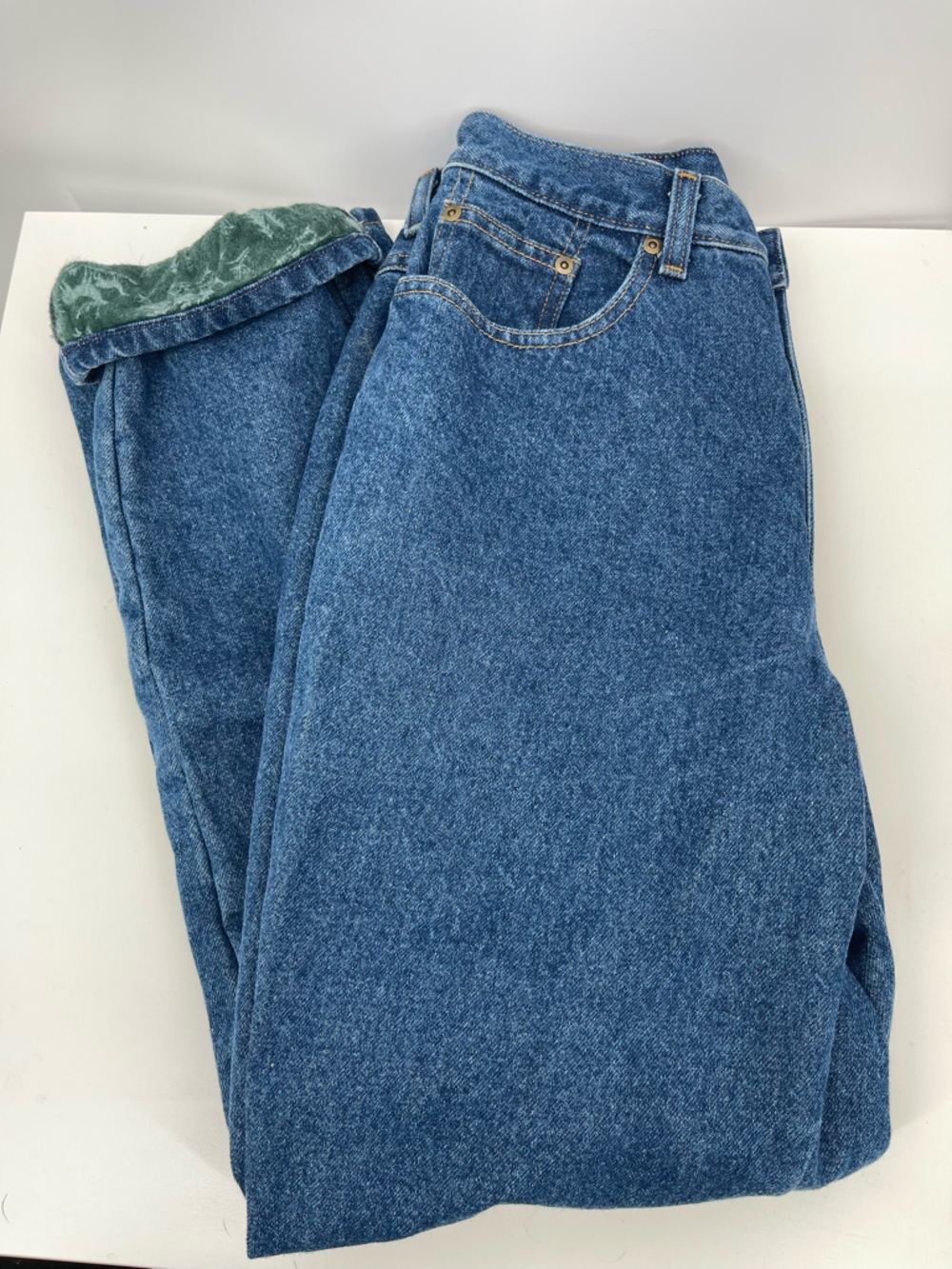 ⭐️L.L. Bean Double L Relaxed Fit Jeans with Green Flannel Lining 100% Cotton
